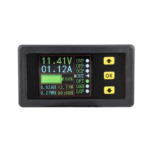 Dual-Display Meter for Monitoring Voltage and Current in Charging showing voltage, current, battery level and control buttons on color screen