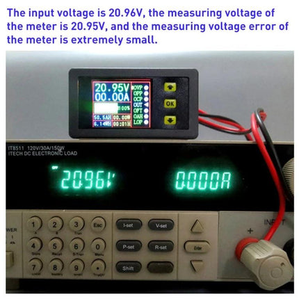 Dual-Display Meter for Monitoring Voltage and Current in Charging showing 20.95V and 0.00A readings on test bench