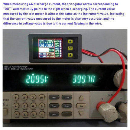 Dual-Display Meter for Monitoring Voltage and Current in Charging showing 21.20V and 04.00A readings connected to electronic load