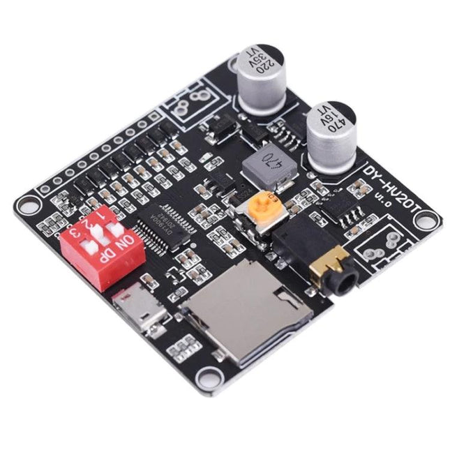 MP3 Voice Playback Module for Music and Audio Projects - compact MP3/WAV decoder board with microSD slot, micro USB power, audio jack and control pins for DIY projects