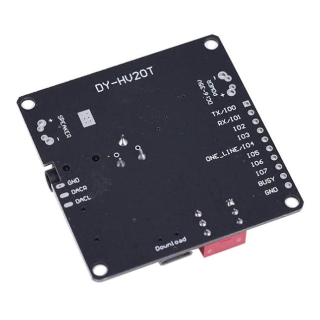MP3 Voice Playback Module for Music and Audio Projects black DY-HU20T PCB board with IO pins and speaker terminals