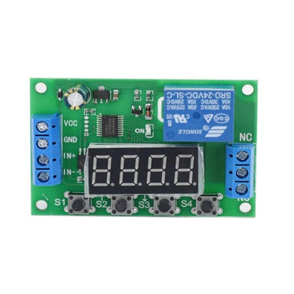 5V Time Relay Module for Automated On/Off Switching and Timing Control - green PCB with digital display, relay, VCC/GND terminals and four push buttons