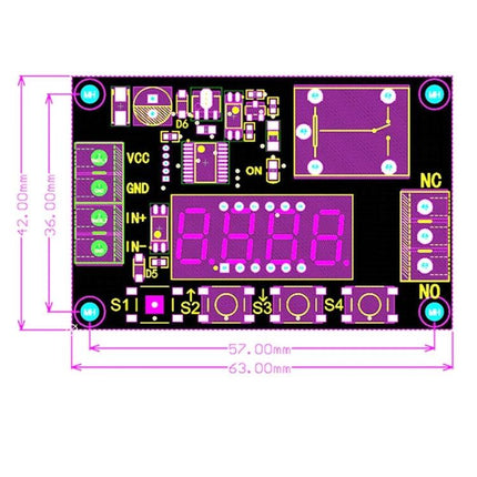 5V Time Relay Module for Automated On/Off Switching and Timing Control PCB module with LED display, VCC GND IN terminals and relay contacts