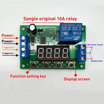 5V Time Relay Module for Automated On/Off Switching and Timing Control - DC 5V board with 10A relay, LED display, function keys for timing and trigger connections