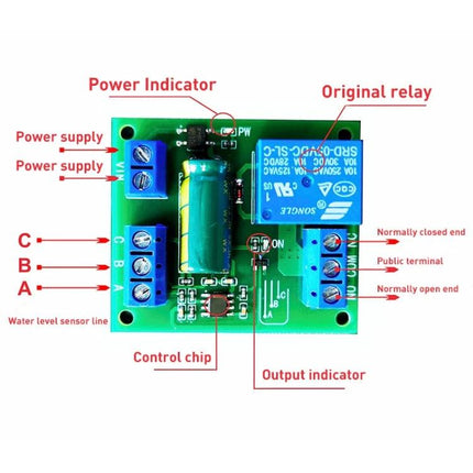 Automatic 5V Water Level Control Module for Tank Pumping - labeled PCB with relay, power supply terminals, sensor line and indicators