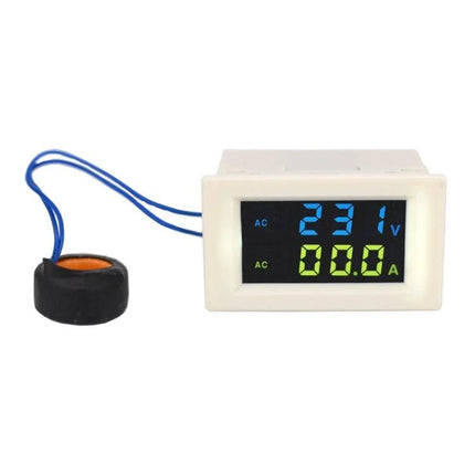Digital LCD Voltmeter Ammeter for AC Electrical Monitoring compact panel display showing 231V and 0.0A with current sensor