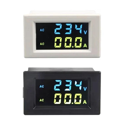 Digital LCD Voltmeter Ammeter for AC Electrical Monitoring showing simultaneous AC voltage 234V and current 0.0A on black and white panel displays