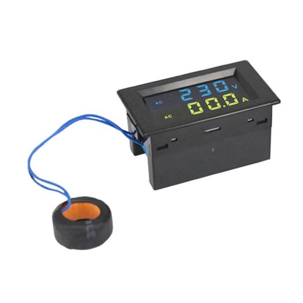 Digital LCD Voltmeter Ammeter for AC Electrical Monitoring showing dual LCD readout of 230V and 0.00A with current sensor clamp