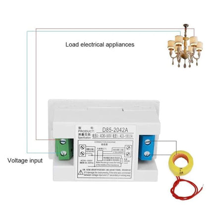 Digital LCD Voltmeter Ammeter for AC Electrical Monitoring dual-display module showing AC voltage and current monitoring with CT and terminal connections