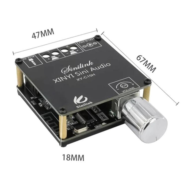 Dual Channel Bluetooth Stereo Amplifier with Enclosure compact black Bluetooth 5.0 amp showing enclosure, volume knob and dimensions
