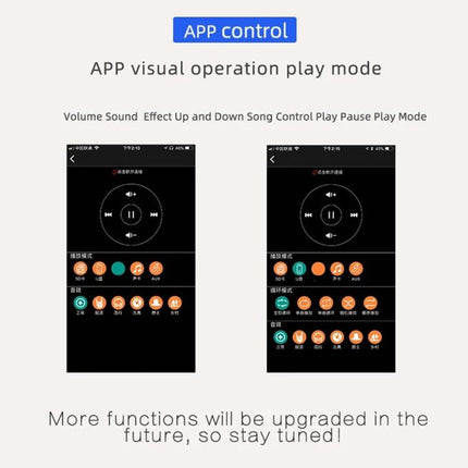 Dual Channel Bluetooth Stereo Amplifier with Enclosure app control interface showing Bluetooth and AUX playback controls