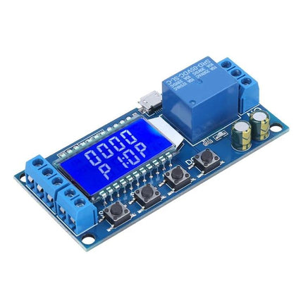 Digital LCD Timer Relay Module for Automated Device Control with blue LCD, relay, and push buttons for automating lights, pumps, and motors