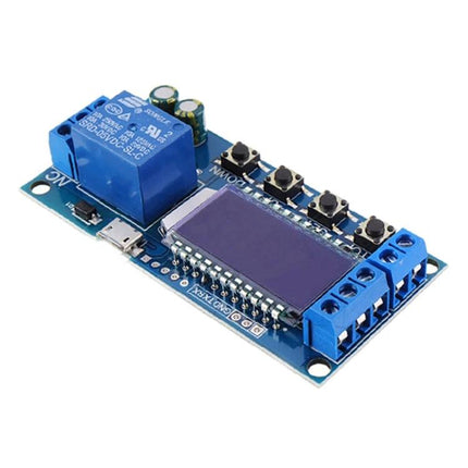 Digital LCD Timer Relay Module for Automated Device Control showing LCD screen, relay, and terminal blocks for automating lights and pumps