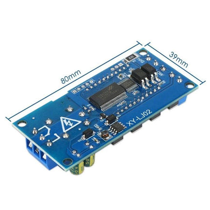 Digital LCD Timer Relay Module for Automated Device Control showing PCB layout, LCD placement and 80x39mm dimensions