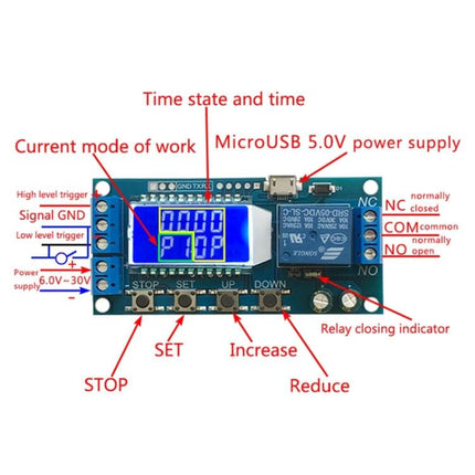 Digital LCD Timer Relay Module for Automated Device Control showing labeled LCD, buttons, microUSB power and relay terminals