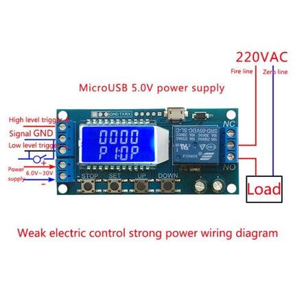 Digital LCD Timer Relay Module for Automated Device Control showing blue LCD, relay, microUSB power and wiring diagram