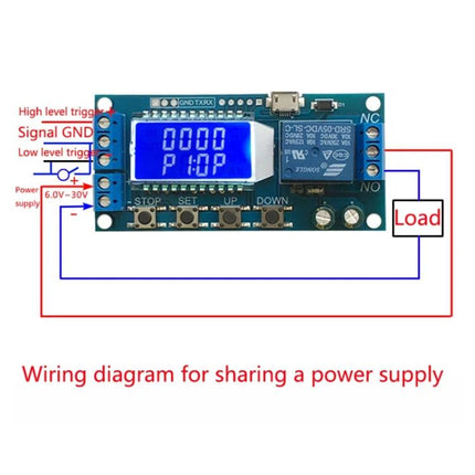 Digital LCD Timer Relay Module for Automated Device Control showing wiring diagram, LCD display and relay for lights pumps motors