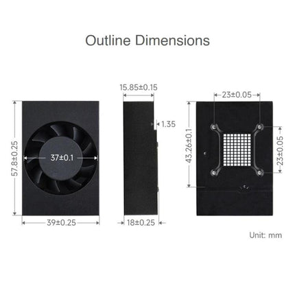 Waveshare Dedicated Cooling Fan for NVIDIA Jetson TX2 NX Module - outline dimensions and fan layout with measurements (mm)