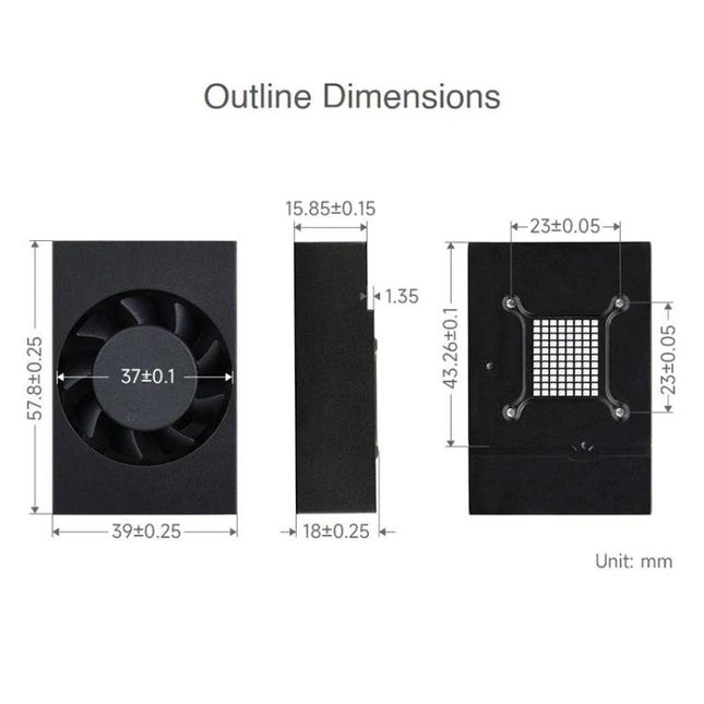Waveshare Dedicated Cooling Fan for NVIDIA Jetson TX2 NX Module - outline dimensions and fan layout with measurements (mm)