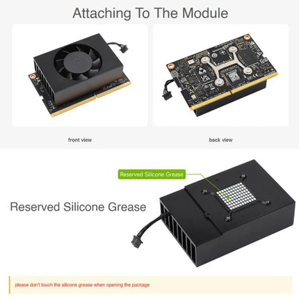 Waveshare Dedicated Cooling Fan for NVIDIA Jetson TX2 NX Module attached to module front and back views with reserved silicone grease
