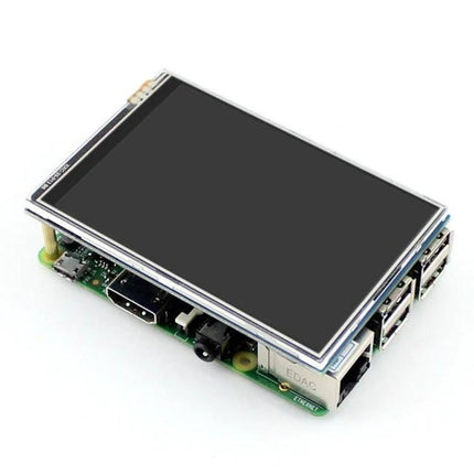 Waveshare 3.5 Inch TFT Touch Screen Display for Raspberry Pi Projects mounted on a Raspberry Pi showing resistive touchscreen