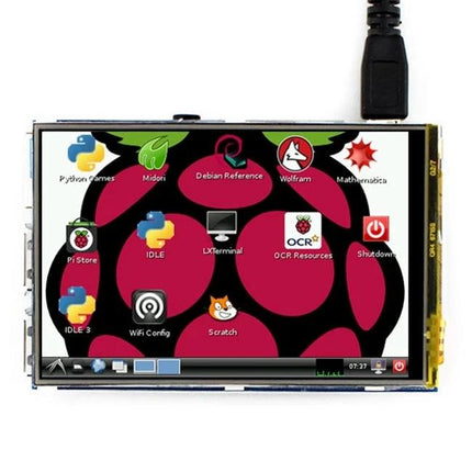 Waveshare 3.5 Inch TFT Touch Screen Display for Raspberry Pi Projects showing Raspberry Pi desktop with icons and resistive touch interface