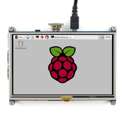 Waveshare 5 Inch HDMI Touch Screen Display for Raspberry Pi showing Raspberry Pi desktop and HDMI cable connected