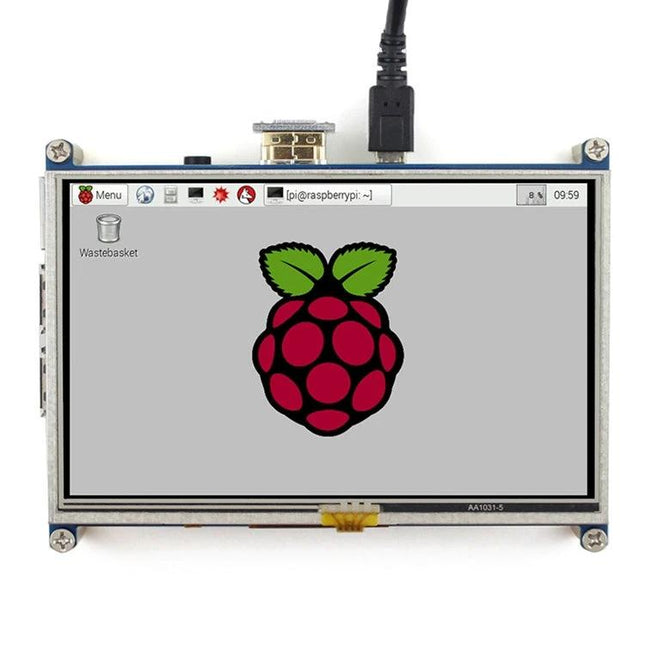 Waveshare 5 Inch HDMI Touch Screen Display for Raspberry Pi showing Raspberry Pi desktop and HDMI cable connected