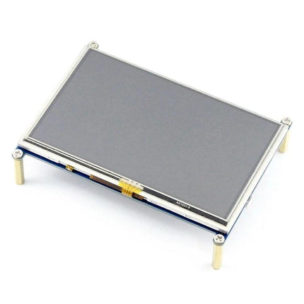 Waveshare 5 Inch HDMI Touch Screen Display for Raspberry Pi mounted on standoffs showing touchscreen and HDMI connector