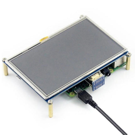 Waveshare 5 Inch HDMI Touch Screen Display for Raspberry Pi mounted on Pi with HDMI cable connected, compact touchscreen interface