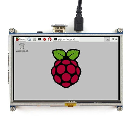 Waveshare 5 Inch HDMI Touch Screen Display for Raspberry Pi showing Raspberry Pi desktop interface and HDMI cable