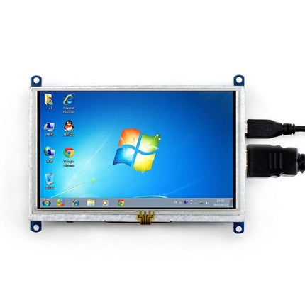 Waveshare 5-Inch HDMI Touch Screen Display for Raspberry Pi showing Windows desktop, HDMI and USB connections