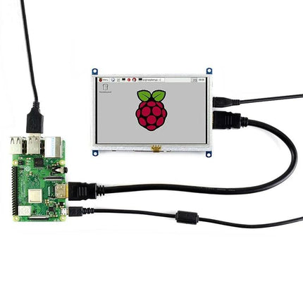Waveshare 5-Inch HDMI Touch Screen Display for Raspberry Pi connected via HDMI to Raspberry Pi showing Raspberry logo