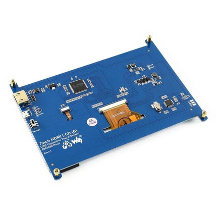 Waveshare 7 Inch Capacitive Touch Display for Raspberry Pi showing blue PCB back with HDMI connector and touchscreen flex cable