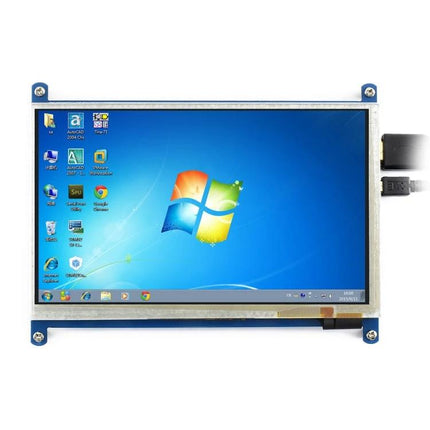 Waveshare 7 Inch Capacitive Touch Display for Raspberry Pi showing 800x480 touchscreen with Windows desktop for prototyping and embedded projects