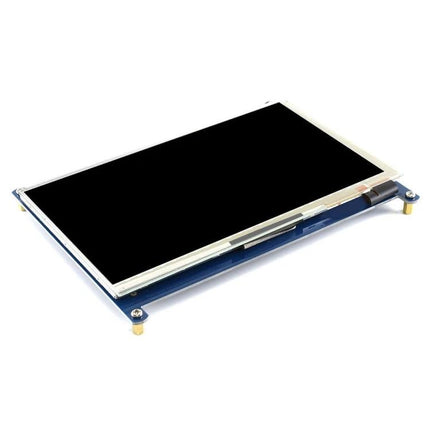 Waveshare 7 Inch Capacitive Touch Screen LCD for Raspberry Pi showing 1024x600 IPS panel mounted on blue PCB for DIY projects