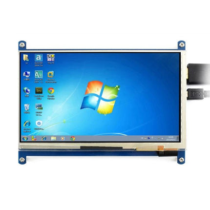 Waveshare 7 Inch Capacitive Touch Screen LCD for Raspberry Pi showing Windows desktop on 1024x600 IPS display with USB touch interface