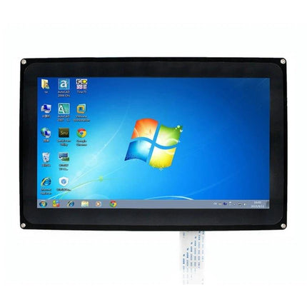 Waveshare 10.1-Inch Resistive Touch Screen LCD with Case showing Windows desktop, resistive touch panel mounted in protective case