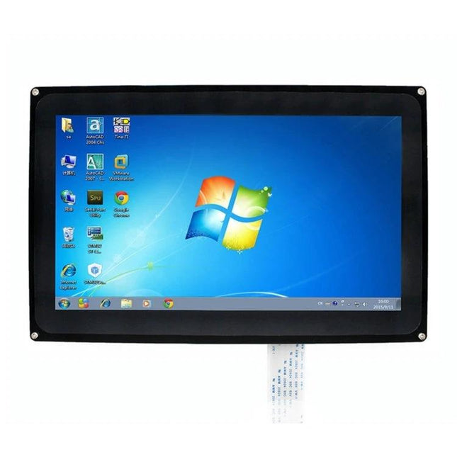 Waveshare 10.1-Inch Resistive Touch Screen LCD with Case showing Windows desktop, resistive touch panel mounted in protective case