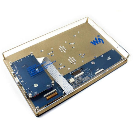 Waveshare 10.1-Inch Resistive Touch Screen LCD with Case showing rear PCB, ribbon cable and protective acrylic case for Raspberry Pi projects