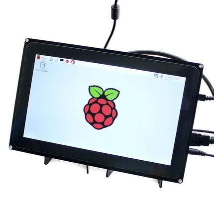 Waveshare 10.1-Inch Resistive Touch Screen LCD with Case showing Raspberry Pi desktop on stand with cables connected