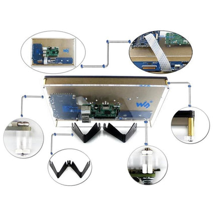 Waveshare 10.1-Inch Resistive Touch Screen LCD with Case showing back PCB, ribbon cable, standoffs and adjustable stand