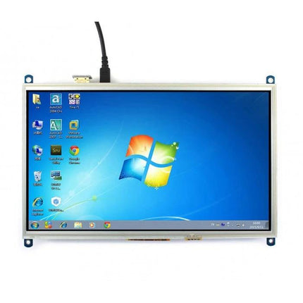 Waveshare 10.1-Inch Resistive Touch Screen for Raspberry Pi showing 1024x600 display with Windows desktop and USB touch connection