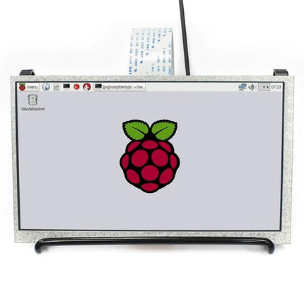 Waveshare 7-Inch IPS LCD Display Screen for Raspberry Pi showing Raspberry Pi desktop interface on a compact 7-inch IPS screen