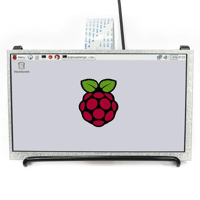 Waveshare 7-Inch IPS LCD Display Screen for Raspberry Pi showing Raspberry Pi desktop interface on a compact 7-inch IPS screen
