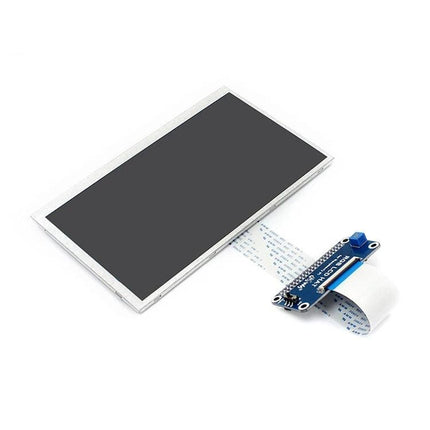 Waveshare 7-Inch IPS LCD Display Screen for Raspberry Pi showing touchscreen panel with ribbon cable and adapter board