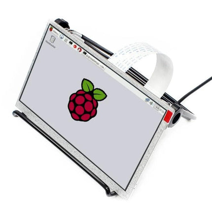 Waveshare 7-Inch IPS LCD Display Screen for Raspberry Pi showing Raspberry Pi desktop connected with ribbon cable on stand