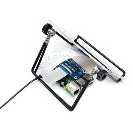 Waveshare 7-Inch IPS LCD Display Screen for Raspberry Pi mounted on adjustable stand showing Raspberry Pi and ribbon cable connection