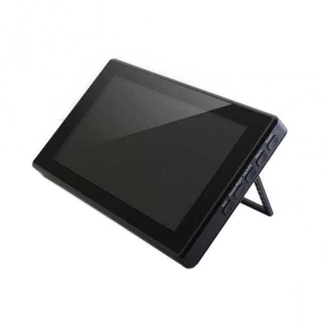 Waveshare 7-Inch IPS Capacitive Touch Screen for Mini PCs angled view on stand showing 1024x600 display for Raspberry Pi projects