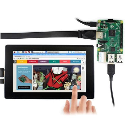 Waveshare 7-Inch IPS Capacitive Touch Screen for Mini PCs connected to Raspberry Pi showing touch interaction and browser demo